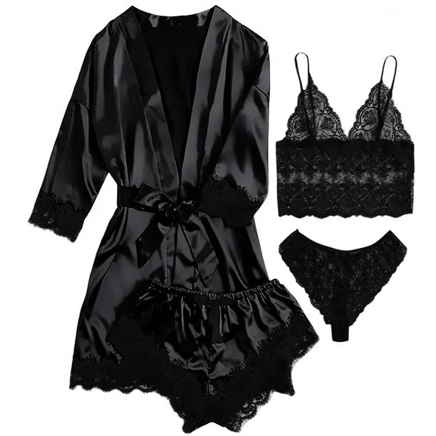 4pce Lace Cami & Satin Robe Set