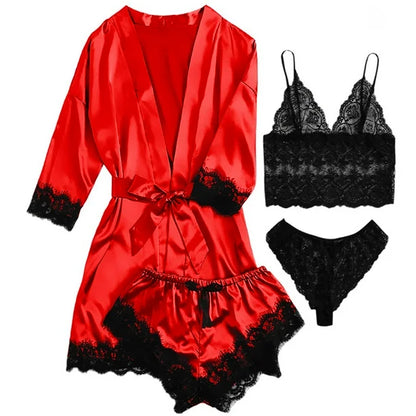 4pce Lace Cami & Satin Robe Set