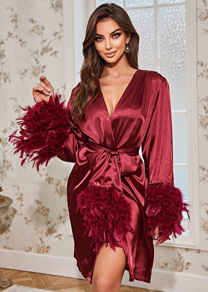 Satin Robe with Fur Details