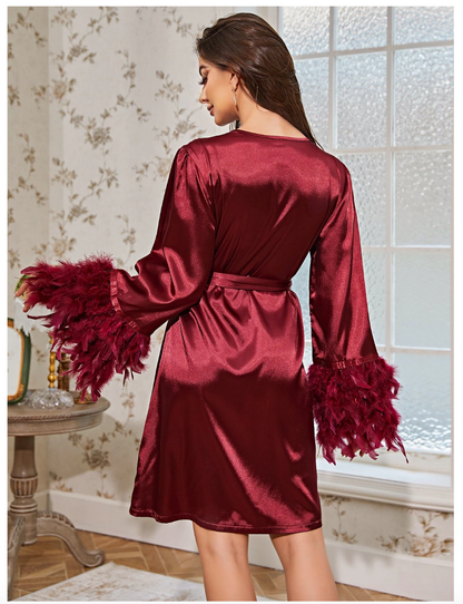 Satin Robe with Fur Details