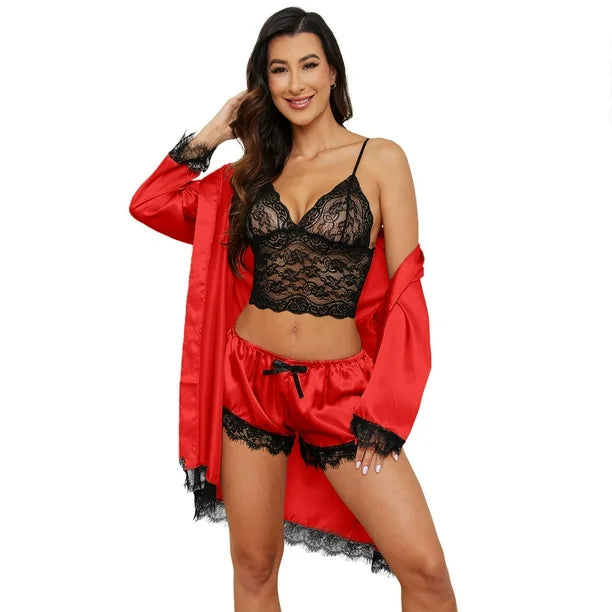 4pce Lace Cami & Satin Robe Set